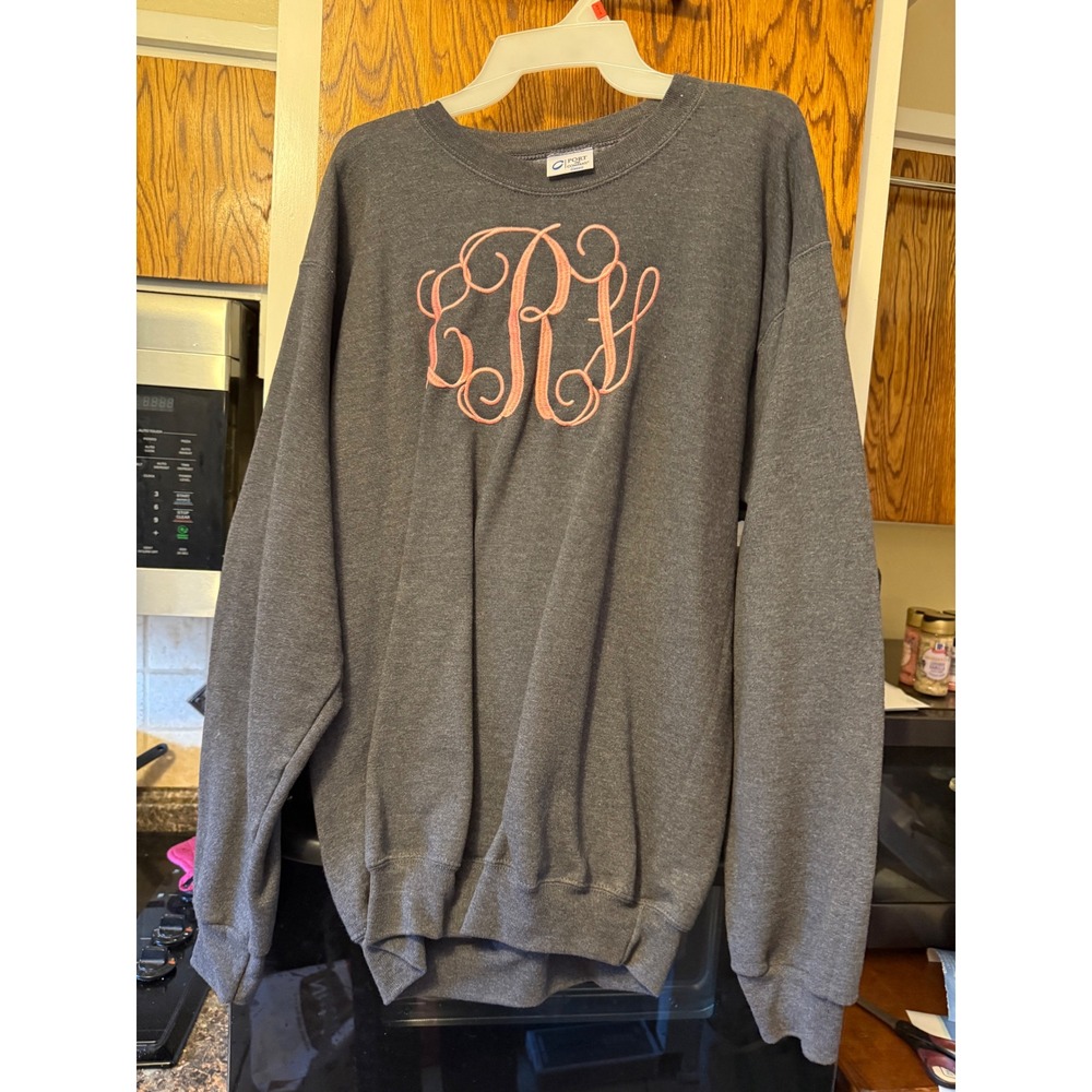 Port and Company Classic Sweatshirt‎ Mens Medium Gray Pink Monogram Pullover